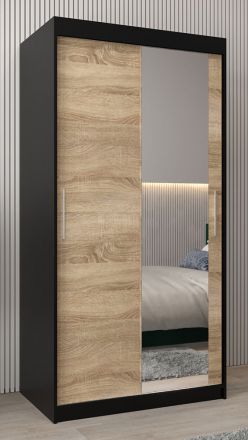 Schiebetürenschrank / Kleiderschrank Bisaurin 1C mit Spiegel, Farbe: Schwarz / Eiche Sonoma - Abmessungen: 200 x 100 x 62 cm ( H x B x T)