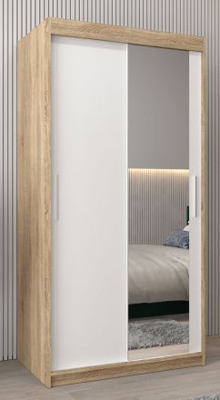 Schiebetürenschrank / Kleiderschrank Bisaurin 1C mit Spiegel, Farbe: Eiche Sonoma / Weiß matt - Abmessungen: 200 x 100 x 62 cm ( H x B x T)