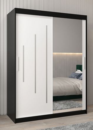 Schiebetürenschrank / Kleiderschrank mit Spiegel Tomlis 03B, Farbe: Schwarz / Weiß matt - Abmessungen: 200 x 150 x 62 cm (H x B x T)