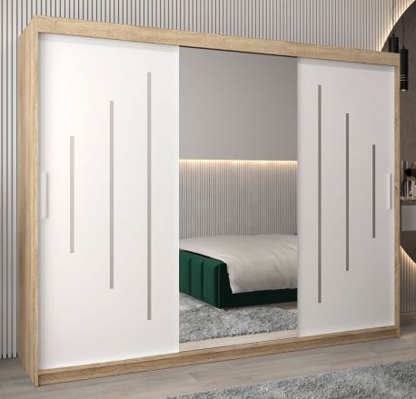 Schiebetürenschrank / Kleiderschrank mit Spiegel Tomlis 06A, Farbe: Eiche Sonoma / Weiß matt - Abmessungen: 200 x 250 x 62 cm (H x B x T)