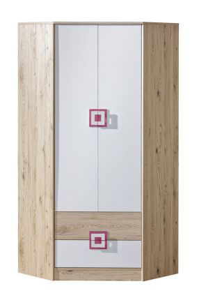 Kinderzimmer - Drehtürenschrank / Eckkleiderschrank Fabian 02, Farbe: Eiche Hellbraun / Weiß / Rosa - 190 x 87 x 87 cm (H x B x T)