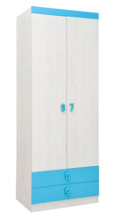 Kinderzimmer - Drehtürenschrank / Kleiderschrank Luis 19, Farbe: Eiche Weiß / Blau - 218 x 80 x 52 cm (H x B x T)