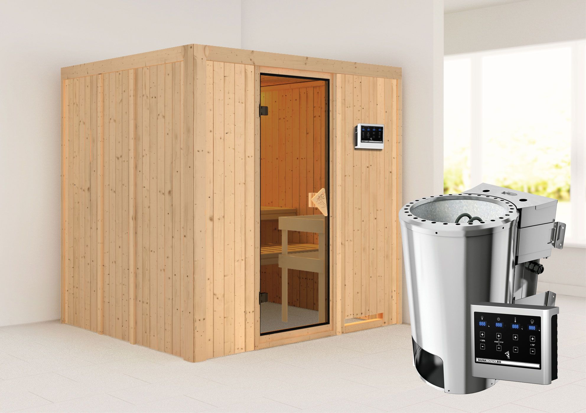 Sauna "Agnar" SET mit bronzierter Tür und Ofen BIO 3,6 kW ext. Steuerung modern - 196 x 170 x 198 cm (B x T x H)