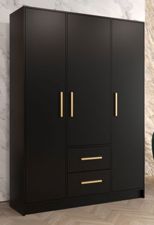 Designer Kleiderschrank mit drei Türen Similaun 14, Farbe: Schwarz matt - Abmessungen: 202 x 153 x 40 cm (H x B x T), mit genügend Stauraum