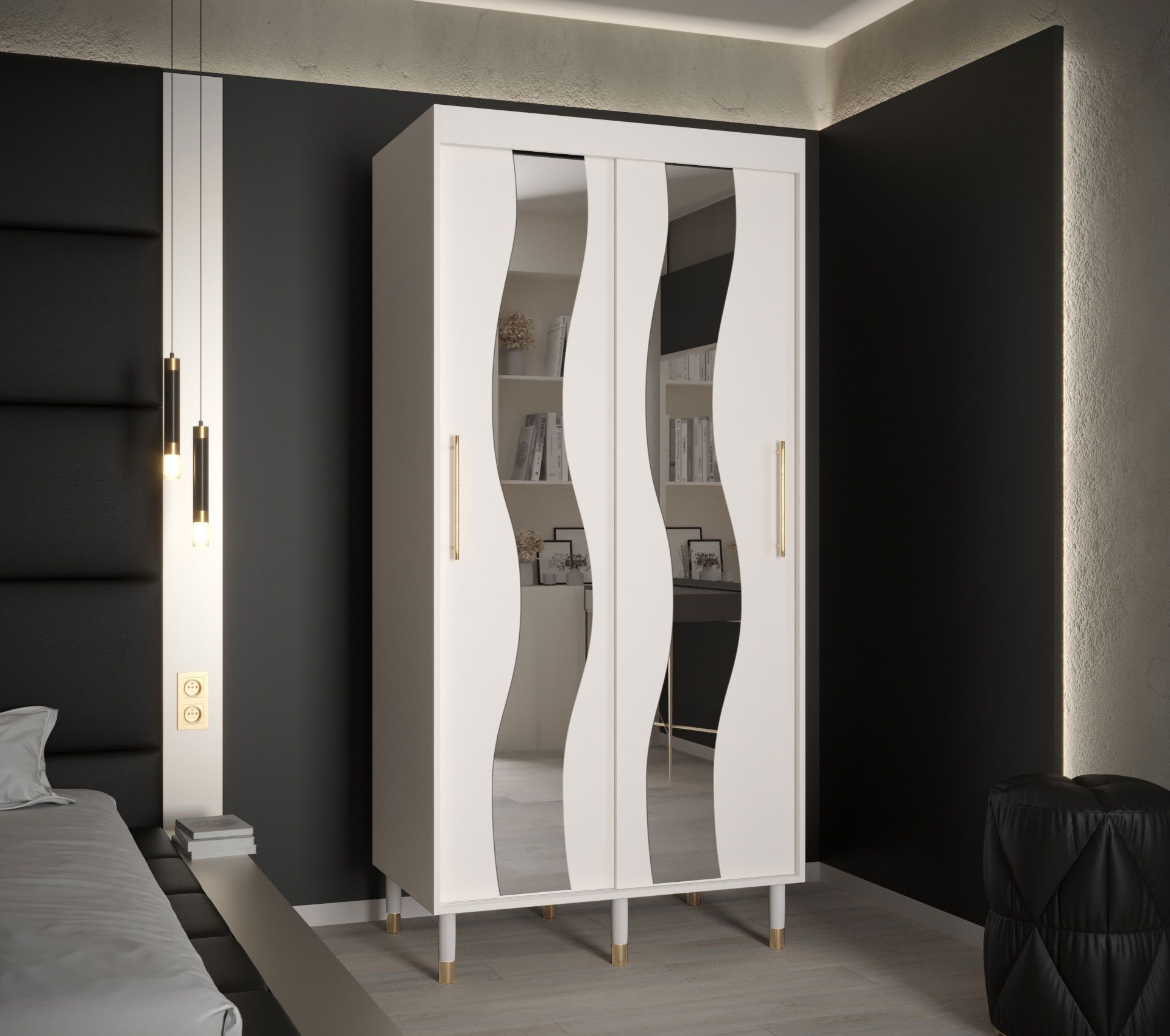Außergewöhnlicher Kleiderschrank mit zwei Spiegelmuster Jotunheimen 217, Farbe: Weiß - Abmessungen: 208 x 100,5 x 62 cm (H x B x T)