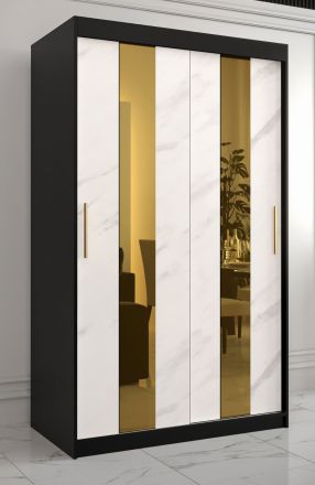 Kleiderschrank im modernen Stil Hochfeiler 06, Farbe: Schwarz / Weißer Marmor - Abmessungen: 200 x 120 x 62 cm (H x B x T), mit fünf Fächern und zwei Kleiderstangen