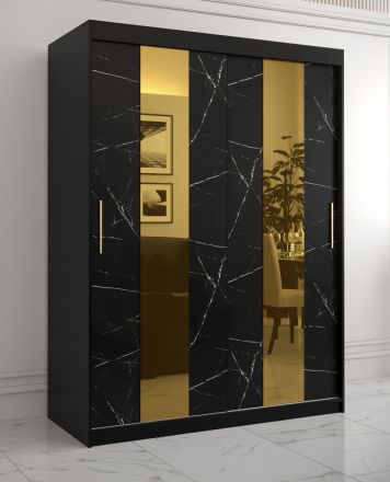 Kleiderschrank mit edlen Marmor Design Hochfeiler 12, Farbe: Schwarz / Schwarzer Marmor - Abmessungen: 200 x 150 x 62 cm (H x B x T), mit zwei Spiegel und fünf Fächern