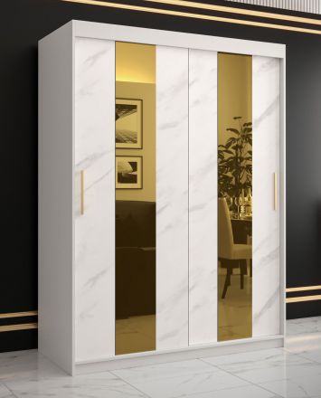 Kleiderschrank mit modernen Marmor Design Hochfeiler 11, Farbe: Weiß / Weißer Marmor - Abmessungen: 200 x 150 x 62 cm (H x B x T), mit fünf Fächern und zwei Kleiderstangen