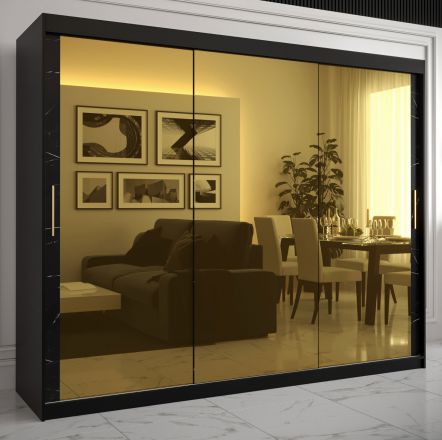 Kleiderschrank mit drei Spiegeltüren Hochfeiler 96, Farbe: Schwarz / Schwarzer Marmor - Abmessungen: 200 x 250 x 62 cm (H x B x T), mit 10 Fächern und zwei Kleiderstangen