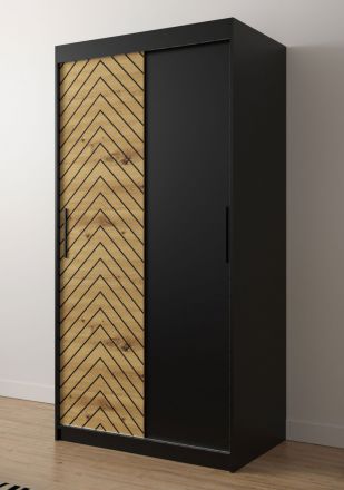 Neutraler Kleiderschrank mit fünf Fächern Mulhacen 05, Farbe: Schwarz matt / Eiche Artisan - Abmessungen: 200 x 100 x 62 cm (H x B x T), mit genügend Stauraum