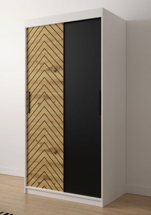 Eleganter Kleiderschrank Mulhacen 03, Farbe: Weiß matt / Eiche Artisan / Schwarz matt - Abmessungen: 200 x 100 x 62 cm (H x B x T), mit fünf Fächern und zwei Kleiderstangen