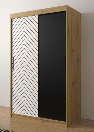 Moderner Kleiderschrank mit fünf Fächern Mulhacen 08, Farbe: Eiche Artisan / Weiß matt / Schwarz matt - Abmessungen: 200 x 120 x 62 cm (H x B x T)