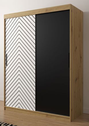 Neutraler Kleiderschrank Mulhacen 14, Farbe: Eiche Artisan / Weiß matt / Schwarz matt - Abmessungen: 200 x 150 x 62 cm (H x B x T), mit fünf Fächern