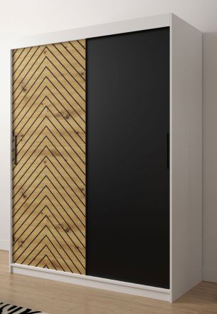 Kleiderschrank im modernen Stil Mulhacen 15, Farbe: Weiß matt / Eiche Artisan / Schwarz matt - Abmessungen: 200 x 150 x 62 cm (H x B x T), mit fünf Fächern und zwei Kleiderstangen