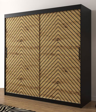Kleiderschrank mit außergewöhnlichen Design Mulhacen 65, Farben: Schwarz matt / Eiche Artisan - Abmessungen: 200 x 200 x 62 cm (H x B x T), mit 10 Fächern und zwei Kleiderstangen