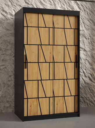 Moderner Kleiderschrank mit Musterfront Olperer 07, Farbe: Schwarz matt - Abmessungen: 200 x 100 x 62 cm (H x B x T), mit fünf Fächern und zwei Kleiderstangen