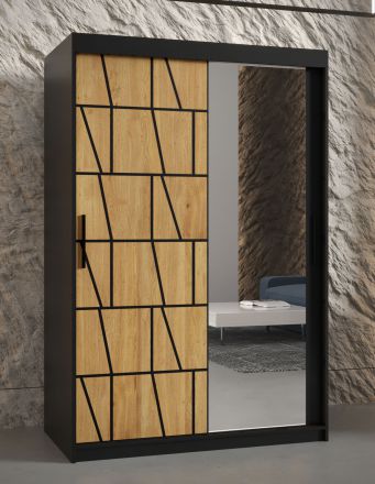 Eleganter Kleiderschrank mit Spiegel Olperer 14, Farbe: Schwarz matt - Abmessungen: 200 x 120 x 62 cm (H x B x T), mit stylischer Front