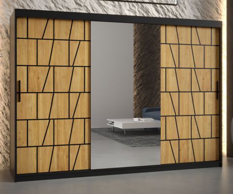 Außergewöhnlicher Kleiderschrank mit Musterfront Olperer 18, Farbe: Schwarz matt - Abmessungen: 200 x 250 x 62 cm (H x B x T), mit einer Spiegeltür