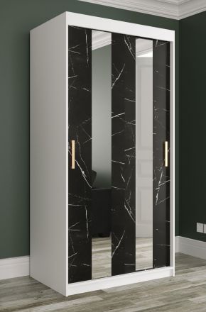 Kleiderschrank mit modernen Design Ätna 03, Farbe: Weiß matt / Schwarzer Marmor - Abmessungen: 200 x 100 x 62 cm (H x B x T), mit zwei Spiegel