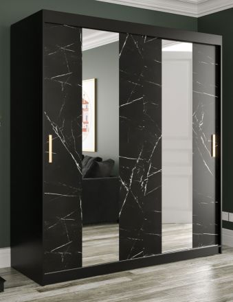 Eleganter Kleiderschrank mit Marmor Muster Ätna 13, Farbe: Schwarz matt / Schwarzer Marmor - Abmessungen: 200 x 180 x 62 cm (H x B x T), mit zwei Spiegel