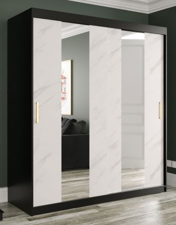 Außergewöhnlicher Kleiderschrank mit 10 Fächern Ätna 14, Farbe: Schwarz matt / Weißer Marmor - Abmessungen: 200 x 180 x 62 cm (H x B x T), mit zwei Spiegel