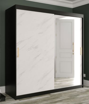 Edler Kleiderschrank mit Spiegeltür Ätna 90, Farbe: Schwarz matt / Weißer Marmor - Abmessungen: 200 x 200 x 62 cm (H x B x T), mit genügend Stauraum