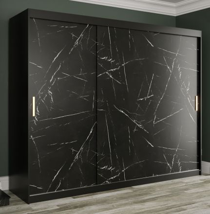 Außergewöhnlicher Kleiderschrank mit Spiegel Ätna 49, Farbe: Schwarz matt / Schwarzer Marmor - Abmessungen: 200 x 250 x 62 cm (H x B x T), mit fünf Fächern