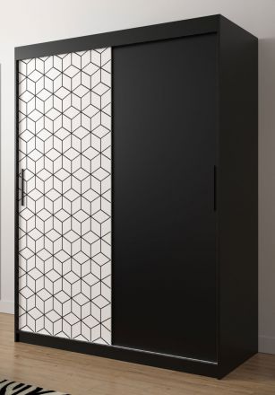 Neutraler Kleiderschrank mit Musterfront Dom 18, Farbe: Schwarz matt / Weiß matt - Abmessungen: 200 x 150 x 62 cm (H x B x T), mit fünf Fächern und zwei Kleiderstangen