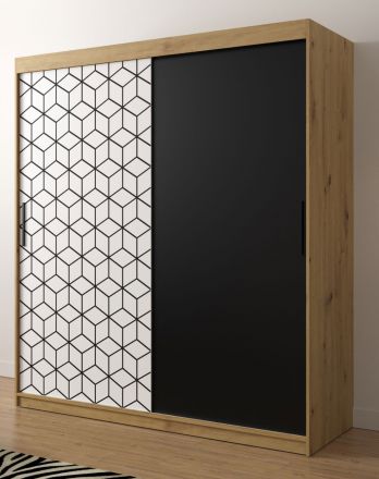 Eleganter Kleiderschrank mit modernen Muster Dom 20, Farbe: Eiche Artisan / Weiß matt / Schwarz matt - Abmessungen: 200 x 180 x 62 cm (H x B x T), mit genügend Stauraum