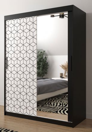 Eleganter Kleiderschrank mit Spiegeltür Dom 90, Farbe: Schwarz matt / Weiß matt - Abmessungen: 200 x 150 x 62 cm (H x B x T), mit fünf Fächern und zwei Kleiderstangen