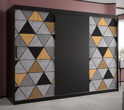 Großer Kleiderschrank mit drei Türen Strahlhorn 06, Farbe: Schwarz matt - Abmessungen: 200 x 250 x 62 cm (H x B x T), mit 10 Fächern und zwei Kleiderstangen