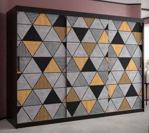 Großer Kleiderschrank mit modernen Muster Strahlhorn 12, Farbe: Schwarz matt - Abmessungen: 200 x 250 x 62 cm (H x B x T), mit drei Türen
