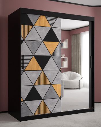 Moderner Kleiderschrank mit einer Spiegeltür Strahlhorn 15, Farbe: Schwarz matt - Abmessungen: 200 x 150 x 62 cm (H x B x T), mit fünf Fächern und zwei Kleiderstangen