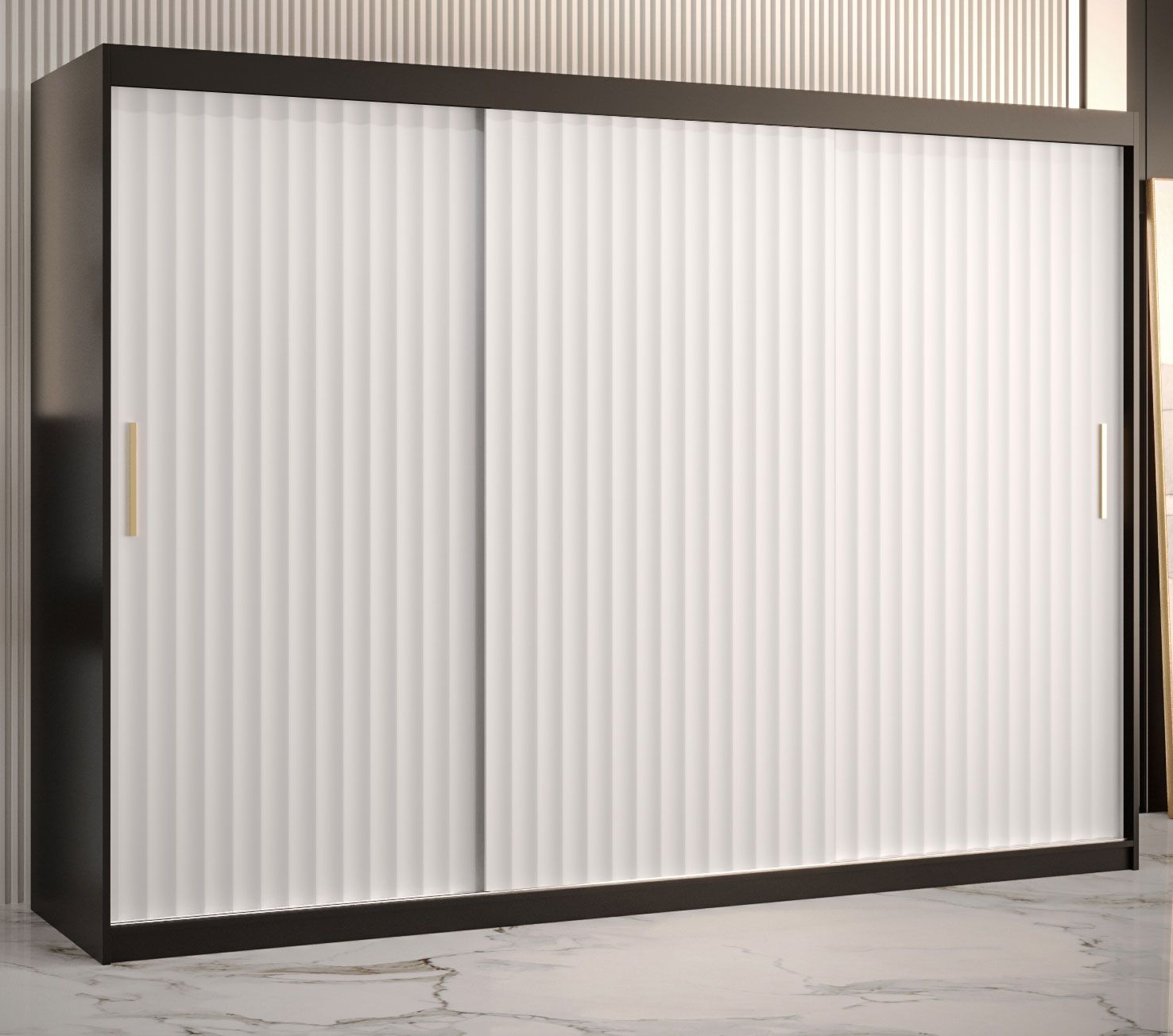 Edler Kleiderschrank mit 10 Fächern Balmenhorn 71, Farbe: Schwarz matt / Weiß matt - Abmessungen: 200 x 250 x 62 cm (H x B x T), mit drei Türen
