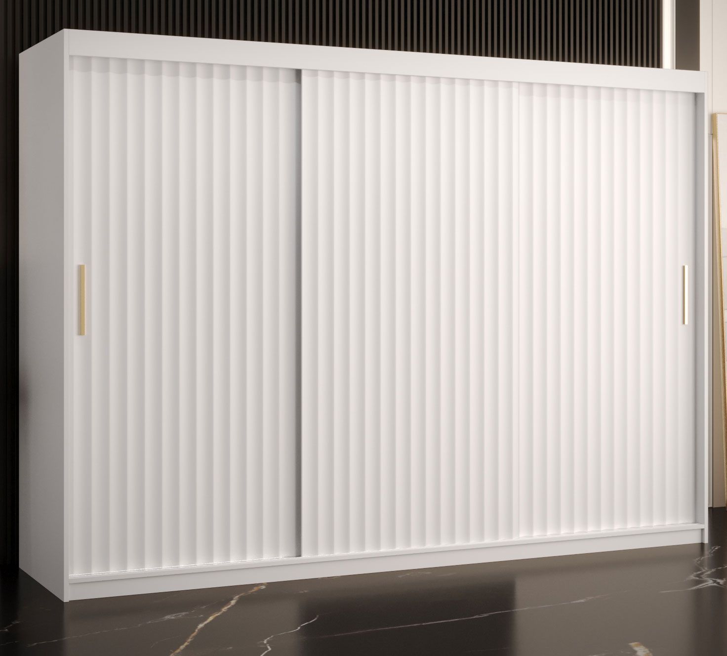 Eleganter Kleiderschrank mit drei Türen Balmenhorn 69, Farbe: Weiß matt - Abmessungen: 200 x 250 x 62 cm (H x B x T), mit 10 Fächern