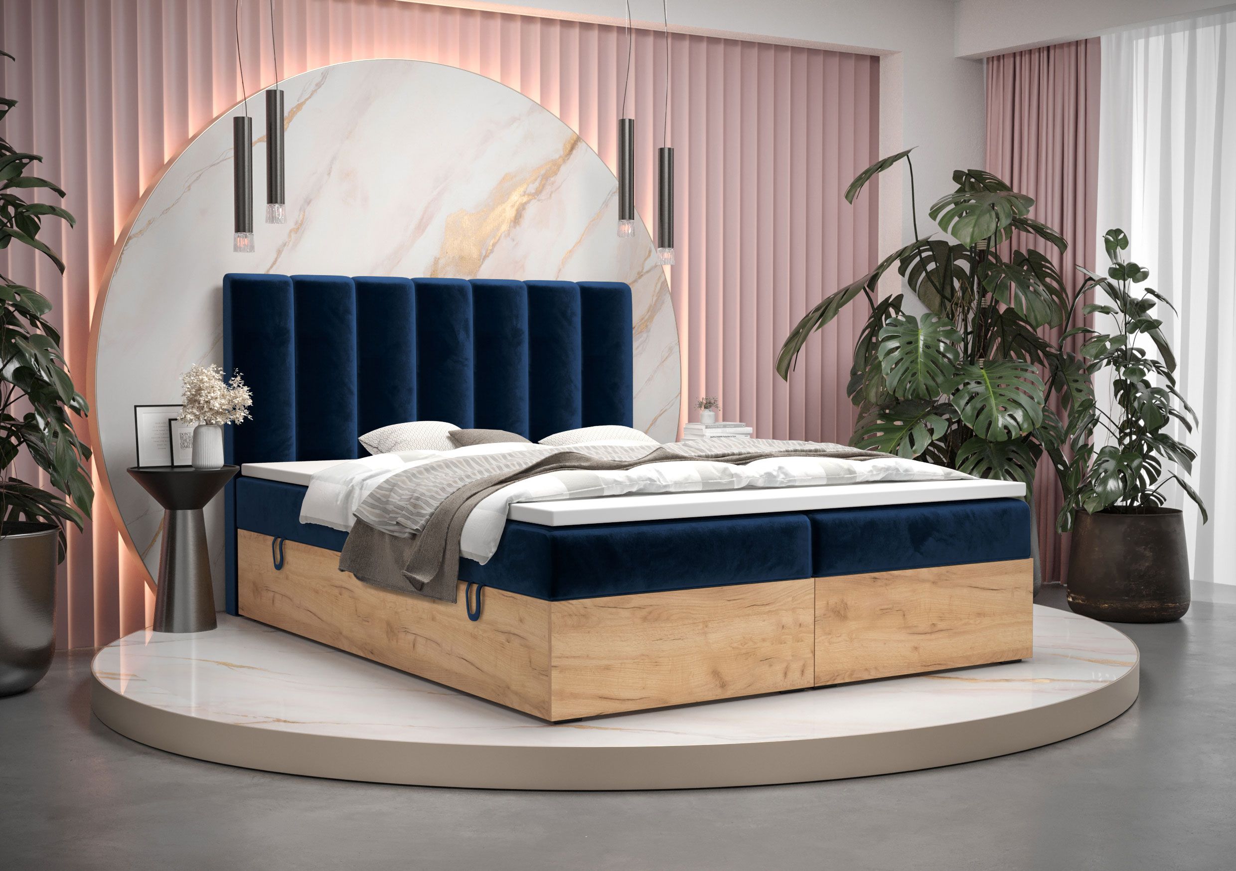 Einzelbett mit eleganten Design Pilio 05, Farbe: Blau / Eiche Golden Craft - Liegefläche: 140 x 200 cm (B x L)