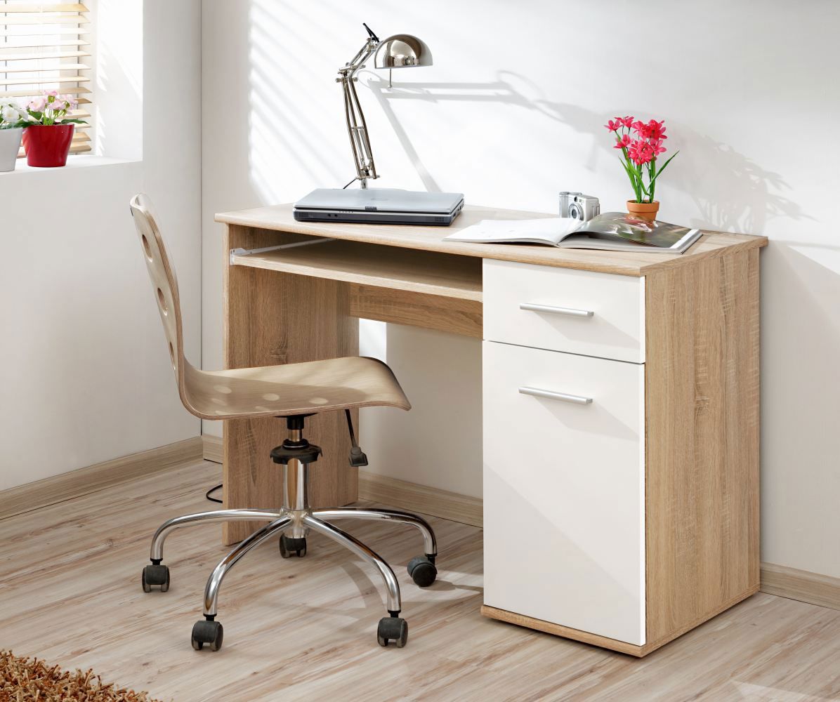 Schreibtisch mit einer Schublade und einer Tür Velle 10, Farbe: Eiche Sonoma / Weiß - Abmessungen: 76 x 104 x 50 cm (H x B x T), mit ausfahrbarer Ablage