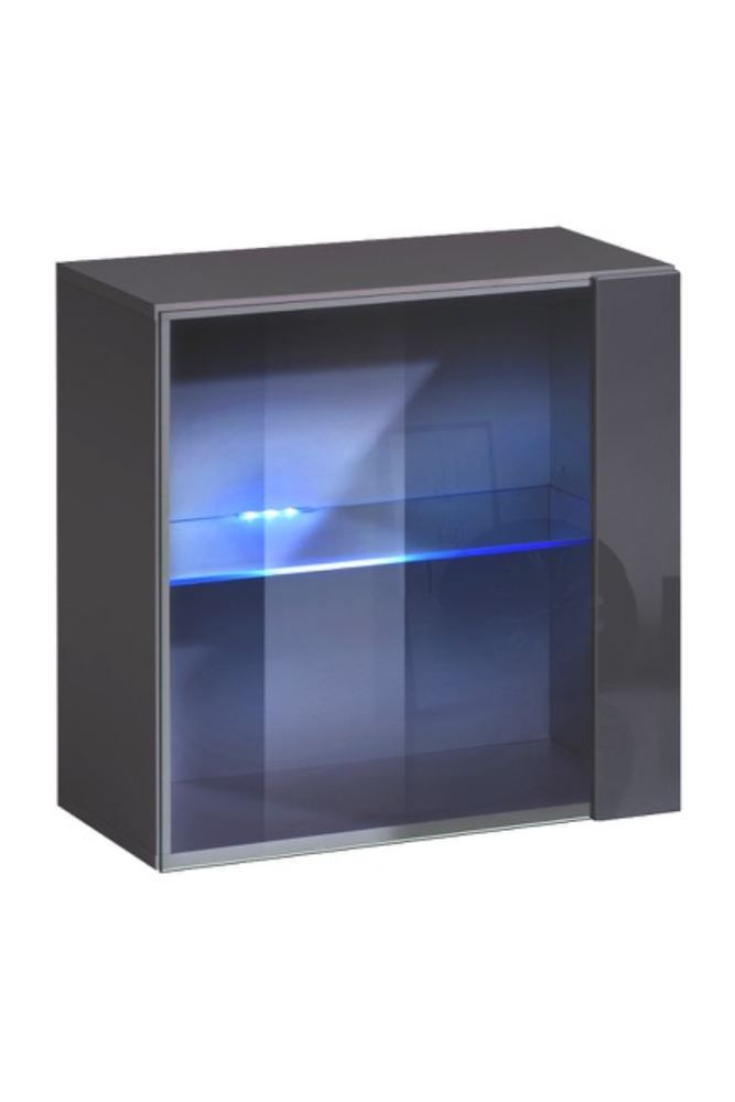 Hängevitrine mit zwei Fächer Fardalen 23, Farbe: Grau - Abmessungen: 60 x 60 x 30 cm (H x B x T), mit LED-Beleuchtung