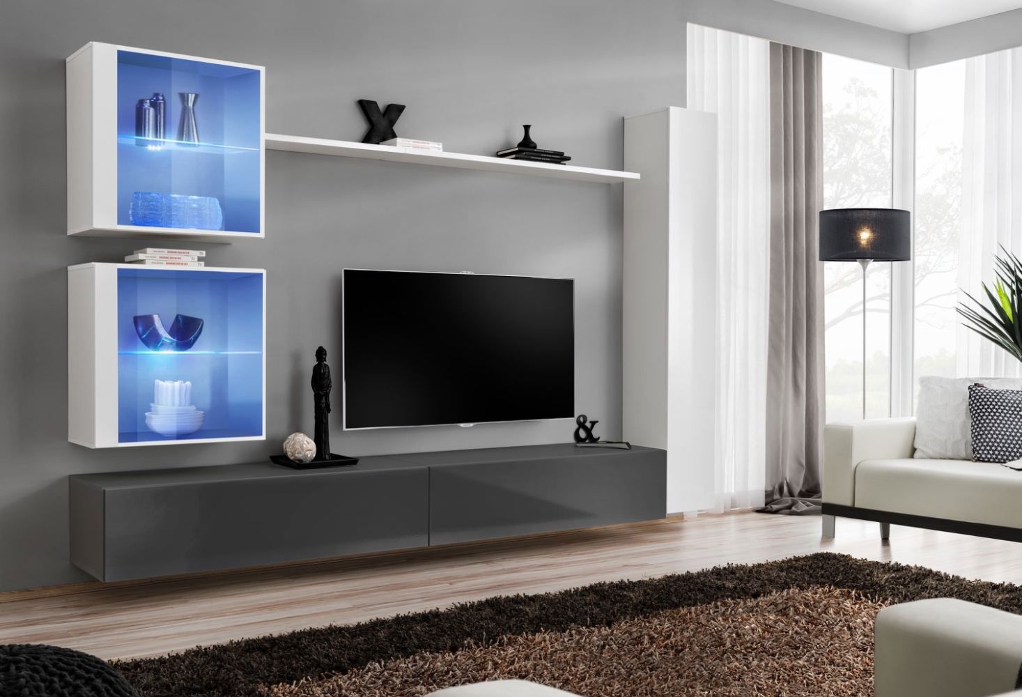 Wohnwand mit zwei Hängevitrinen Balestrand 279, Farbe: Weiß / Grau - Abmessungen: 180 x 280 x 40 cm (H x B x T), mit LED-Beleuchtung