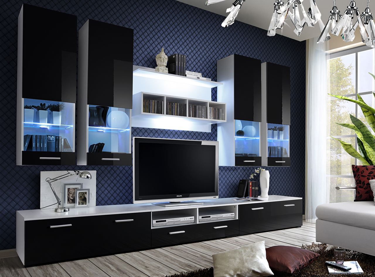 Moderne Wohnwand Bjordal 68, Farbe: Schwarz Hochglanz / Weiß - Abmessungen: 190 x 300 x 45 cm (H x B x T), mit LED-Beleuchtung