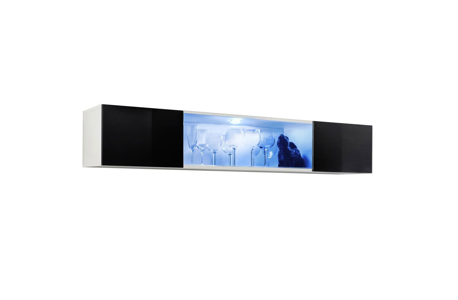 Moderne Hängevitrine Raudberg 42, Farbe: Schwarz / Weiß - Abmessungen: 30 x 160 x 29 cm (H x B x T), mit LED-Beleuchtung