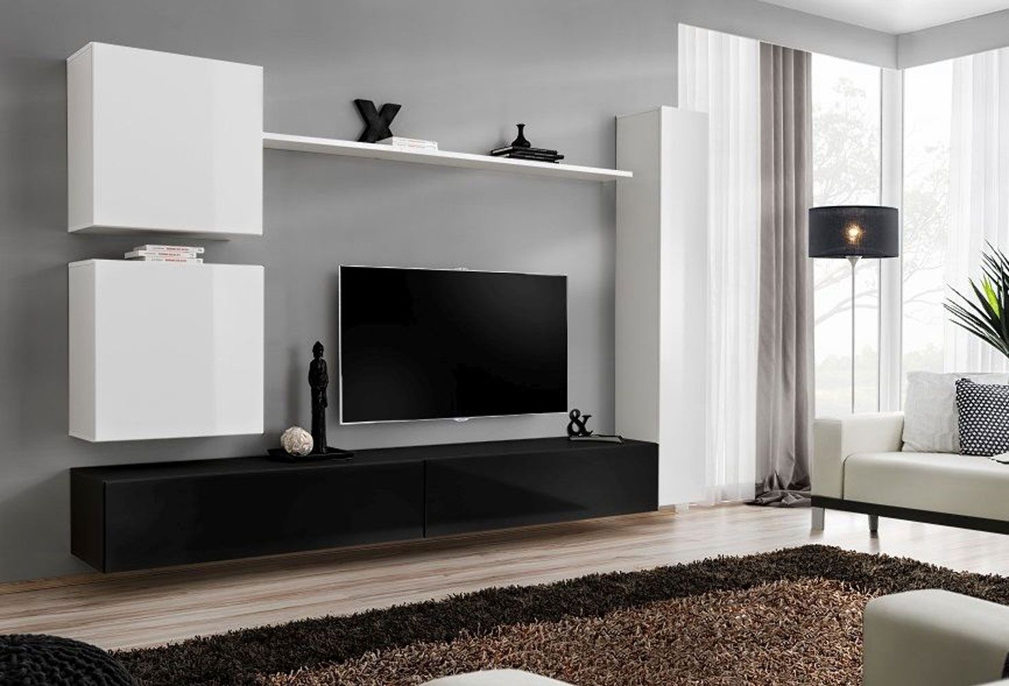 Wohnwand im modernen Stil Balestrand 117 Farbe: Weiß / Schwarz - Abmessungen: 180 x 280 x 40 cm (H x B x T), mit Push-to-open Funktion