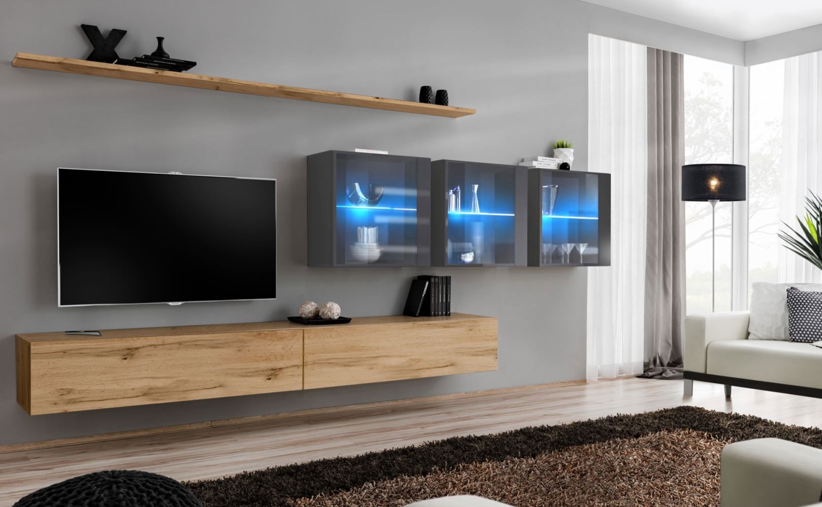 Wohnwand mit zwei TV-Unterschränke Balestrand 271, Farbe: Eiche Wotan / Grau - Abmessungen: 150 x 340 x 40 cm (H x B x T), mit Push-to-open Funktion