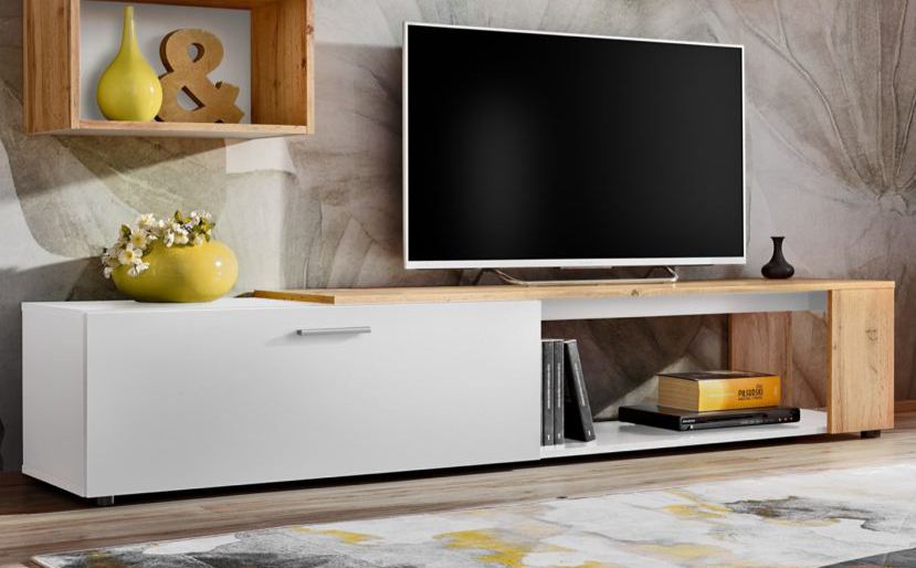 Schlichter TV-Unterschrank mit zwei Fächern Bjordal 08, Farbe: Weiß matt / Eiche Wotan - Abmessungen: 39 x 200 x 40 cm (H x B x T)