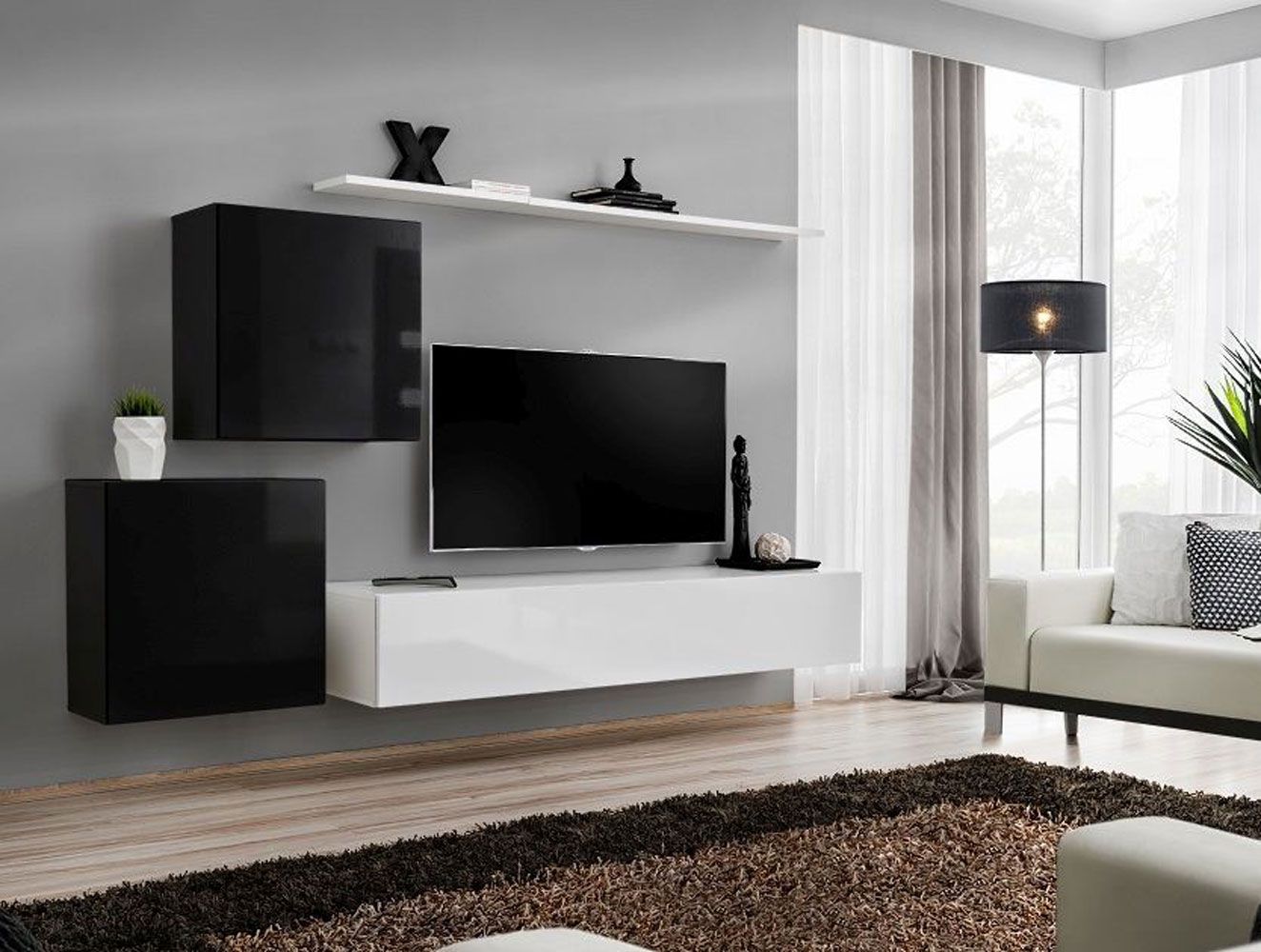 Stylische Wohnwand Balestrand 70, Farbe: Schwarz / Weiß - Abmessungen: 150 x 250 x 40 cm (H x B x T), mit genügend Stauraum