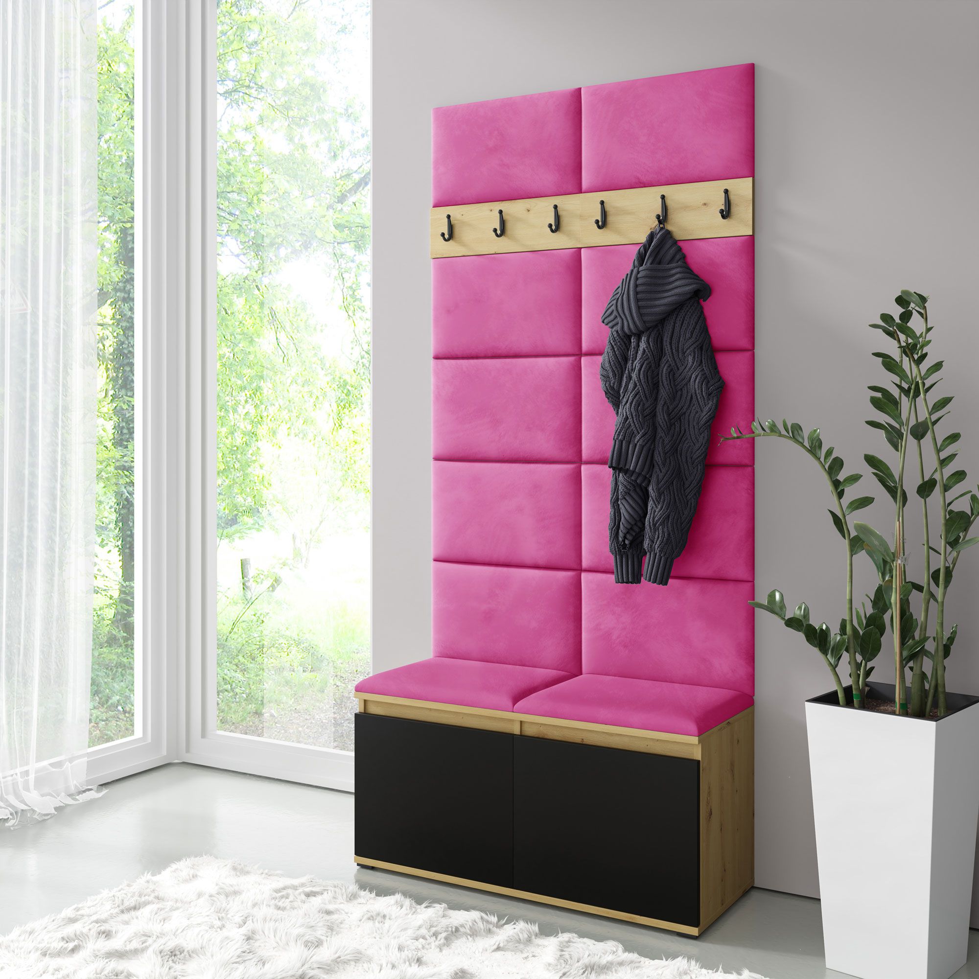 Garderobe 01 mit gepolsterter Sitzbank/Schuhschrank | Artisan/Schwarz/Pink | 215 x 100 x 40 cm | für 8 Paar Schuhe | 6 Kleiderhaken | 4 Fächer