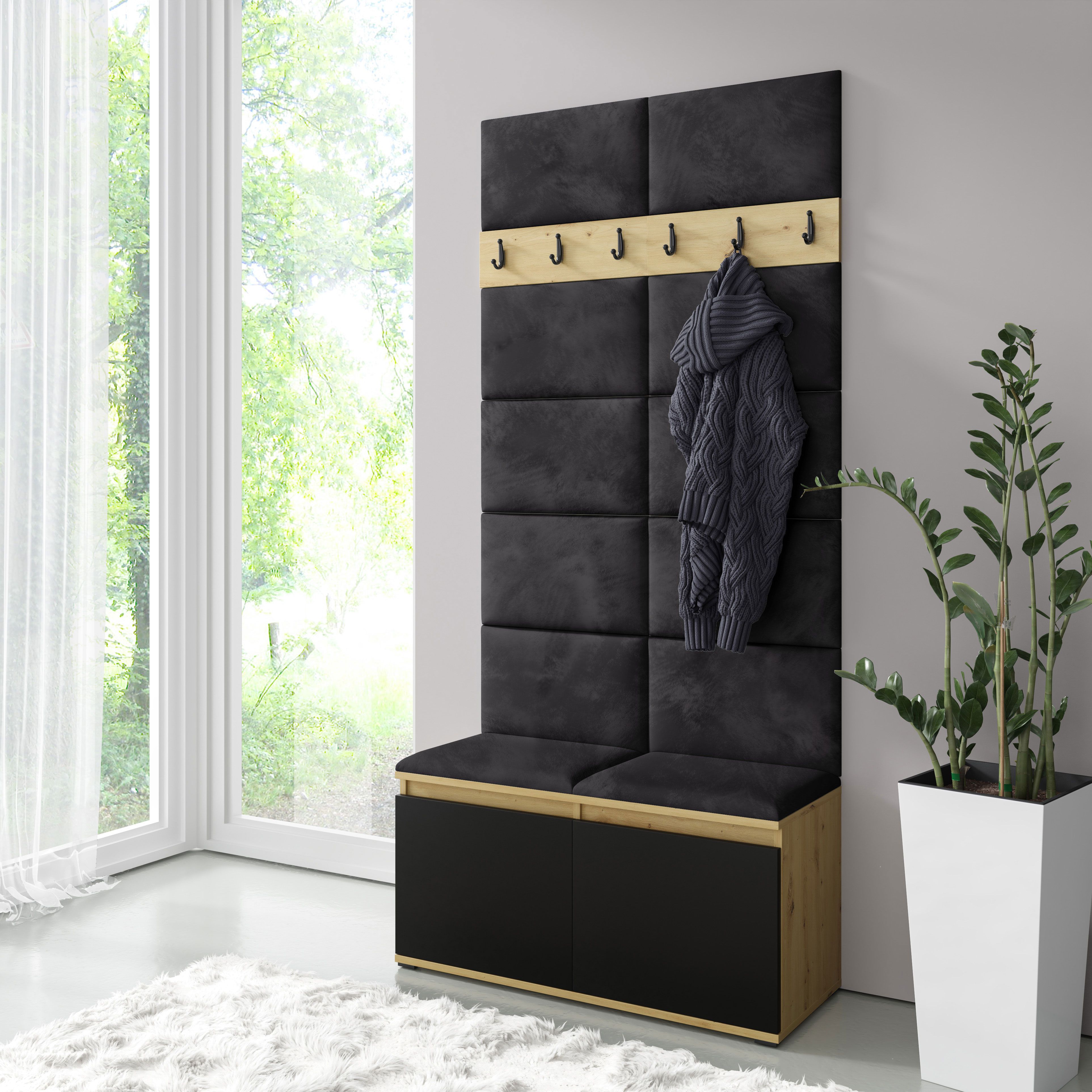 Garderobe 01 mit gepolsterter Sitzbank und Wand, Artisan/Schwarz/Black, Schuhschrank mit 4 Fächer, 215x100x40 cm, für 8 Paar Schuhe, 6 Kleiderhaken