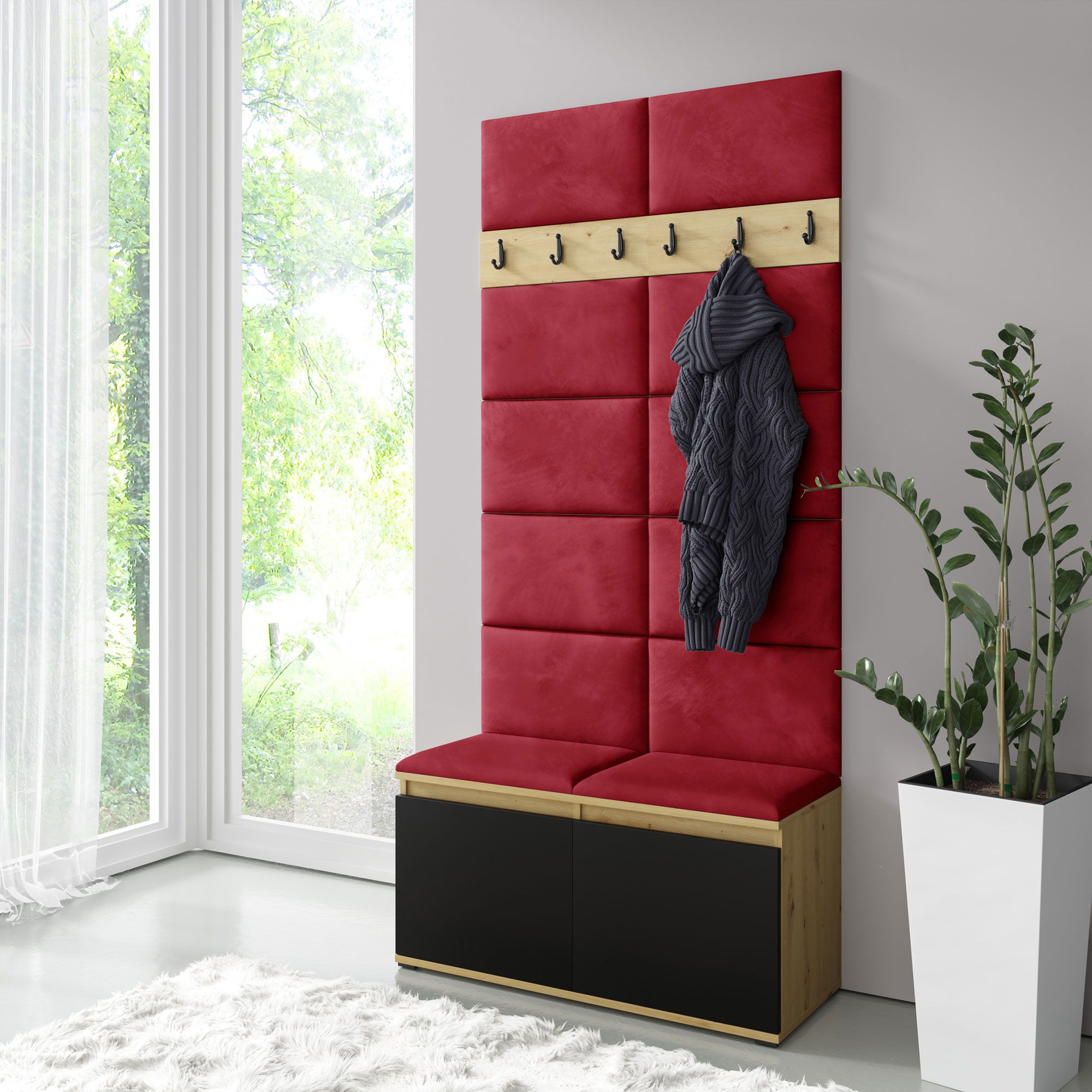 1 Meter breite Garderobe 01 mit Sitzbank gepolstert, für 8 Paar Schuhe, Artisan/Schwarz/Ruby Red, 215 x 100 x 40 cm, 6 Kleiderhaken, 4 große Fächer