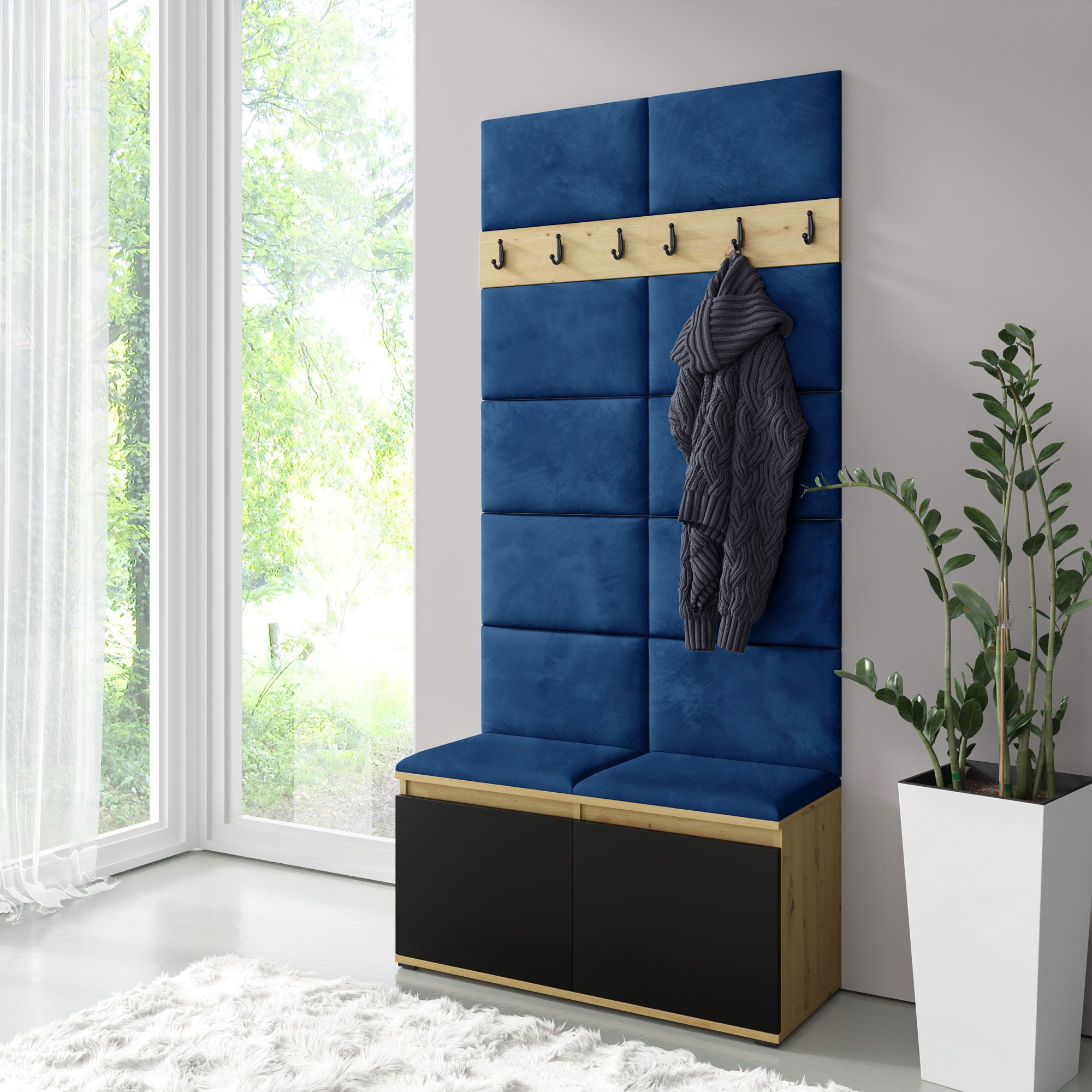Schmale Garderobe 01 mit Sitzbank gepolstert, Farbe: Artisan/Schwarz/Marine, 215 x 100 x 40 cm, für 8 Paar Schuhe, 6 Kleiderhaken, 4 Fächer