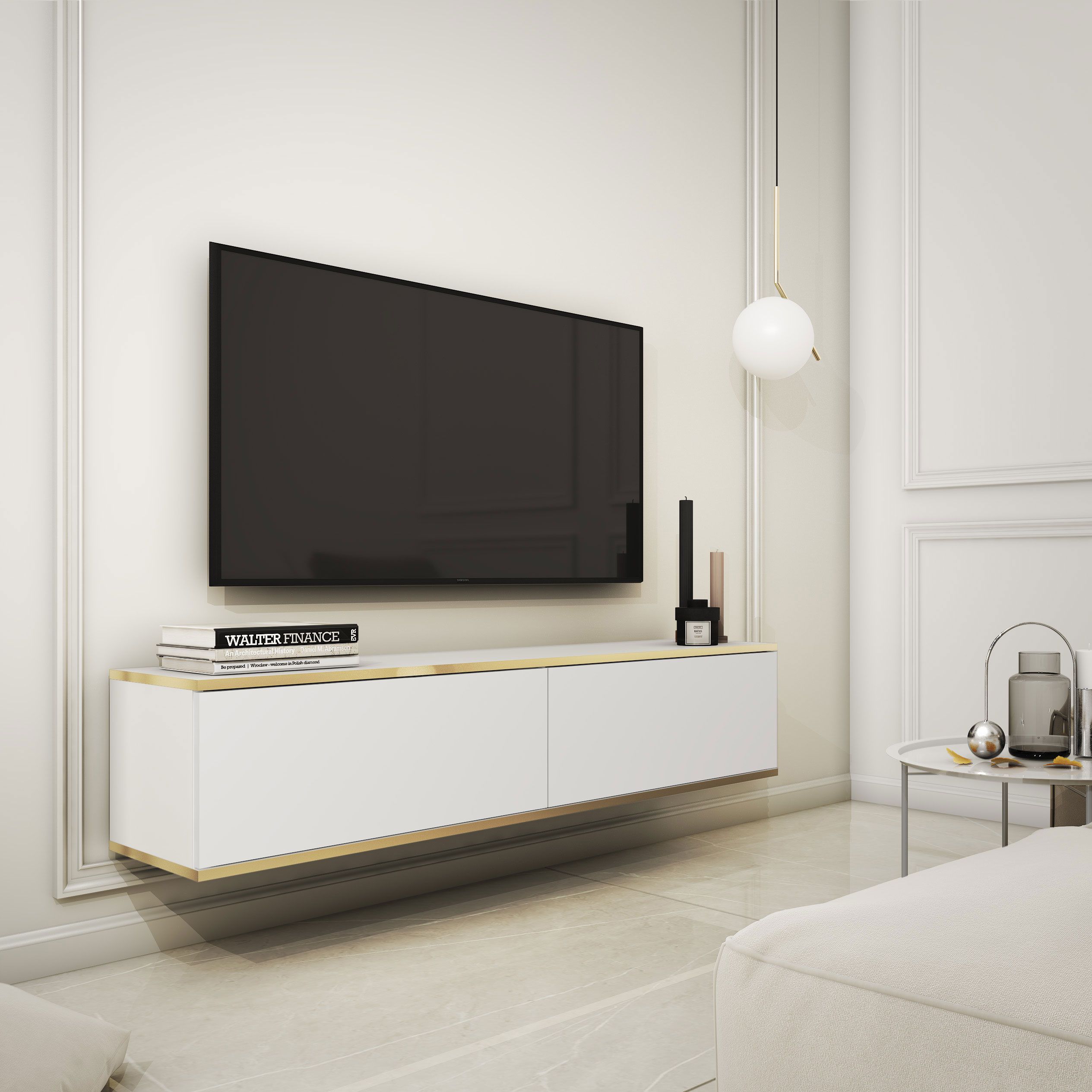 TV-Unterschrank mit zwei Kippfächer Horsham 11, Farbe: Weiß - Abmessungen: 30 x 135 x 32 cm (H x B x T)